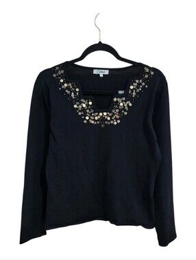 Vintage Carducci Y2K Black Embellished Knit Sweater Top Sequin Metallic L